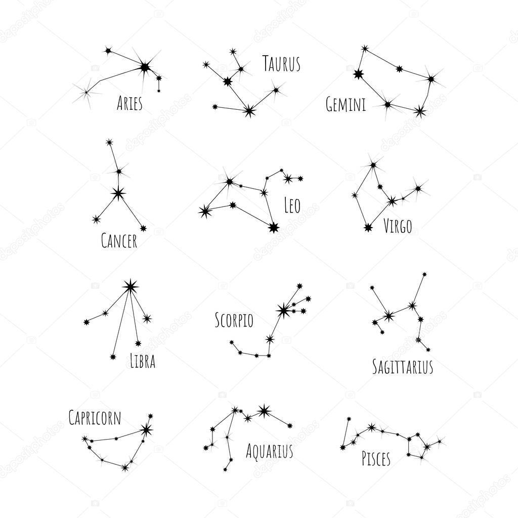 Collection of 12 signs of the zodiac symbols. Astrological constellations. Representation of the signs of the zodiac for the astrological horoscope. Stock vector illustration.