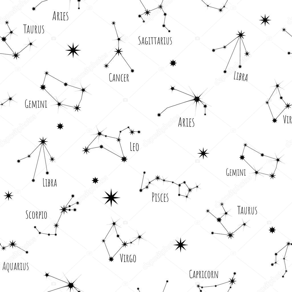 12 signs of the zodiac symbols seamless pattern. Astrological constellations on a light background. Night sky, universe, galaxy. Texture for packaging, paper and fabric, vector.