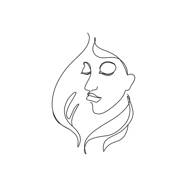 1行でスタイリッシュな女性の肖像画 手描きのスケッチ ミニマリズムスタイル 顔と長い髪の毛 白の隔離された背景に黒い線 美容製品 化粧品のために — ストックベクタ