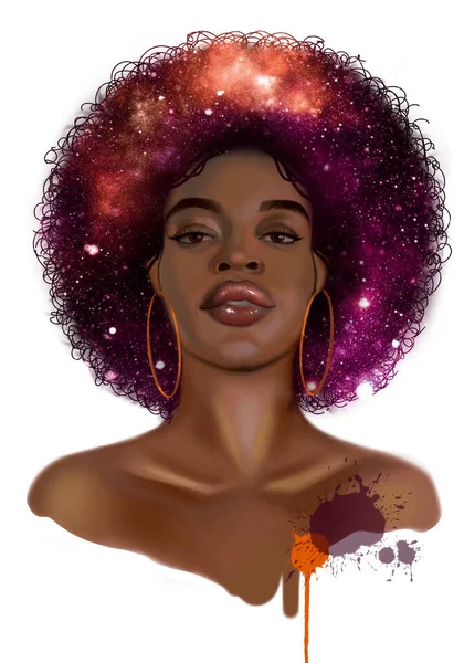 Czarna Kobieta Afrykański Portret Puszysta Fryzura Spuchnięte Usta Realistyczny Styl — Zdjęcie stockowe