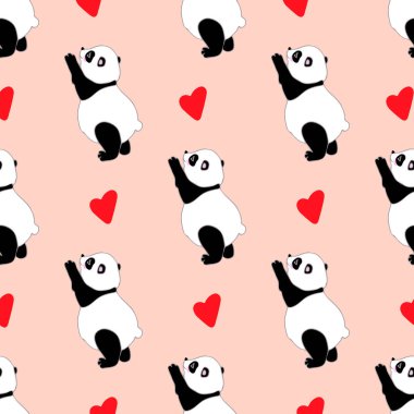 Panda ve kalplerle kusursuz, basit bir düzen. Oyuncak Çin bambu ayısı. Stock vektör illüstrasyonu. Çocuk eşyaları, kırtasiye malzemeleri, kartpostallar, kartpostallar için..