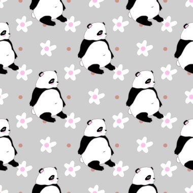 Panda ve karalama çiçekleriyle kusursuz bir düzen. Çin bambu ayısı oturuyor. Stock vektör illüstrasyonu. Hassas renkler, komik yüz. Çocukların, kırtasiyelerin, kartpostalların üzerine baskı yapmak için.