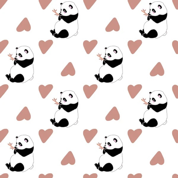 Seamless Simple Pattern Panda Bear Hearts Chinese Bear Eats Bamboo — Stock Vector