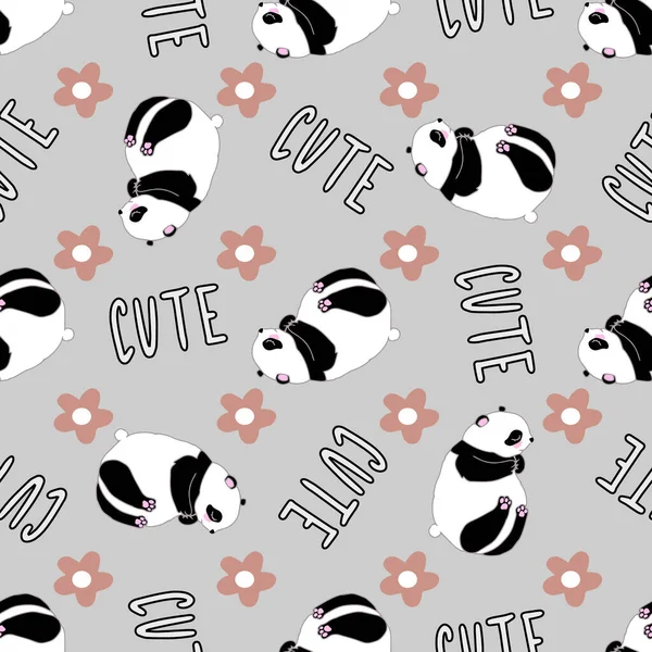 Patrón Sencillo Sin Costuras Con Flores Oso Panda Garabatos Letras — Vector de stock