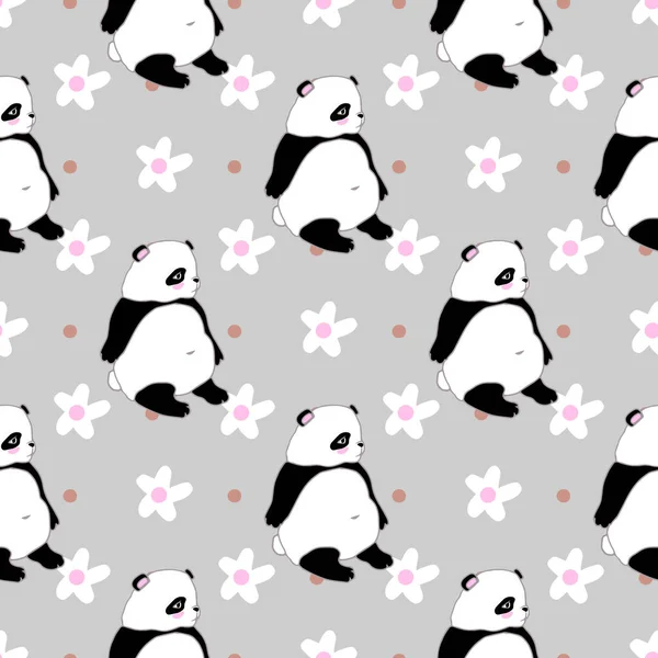 Patrón Sencillo Sin Costuras Con Flores Oso Panda Garabato Oso — Vector de stock