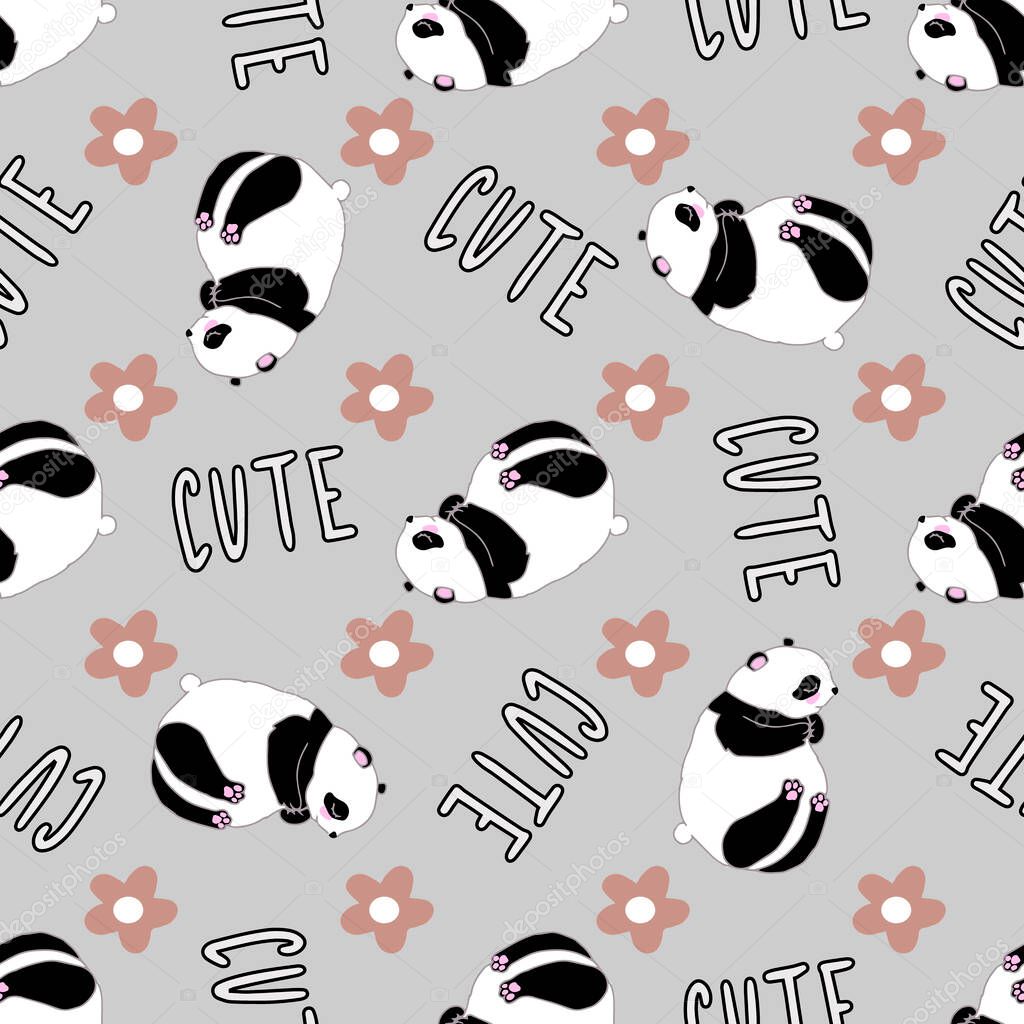 Seamless simple pattern with panda bear and doodle flowers and lettering. Chinese bamboo bear lies. Stock vector illustration. Delicate colors, funny face. For printing on children's, stationery.