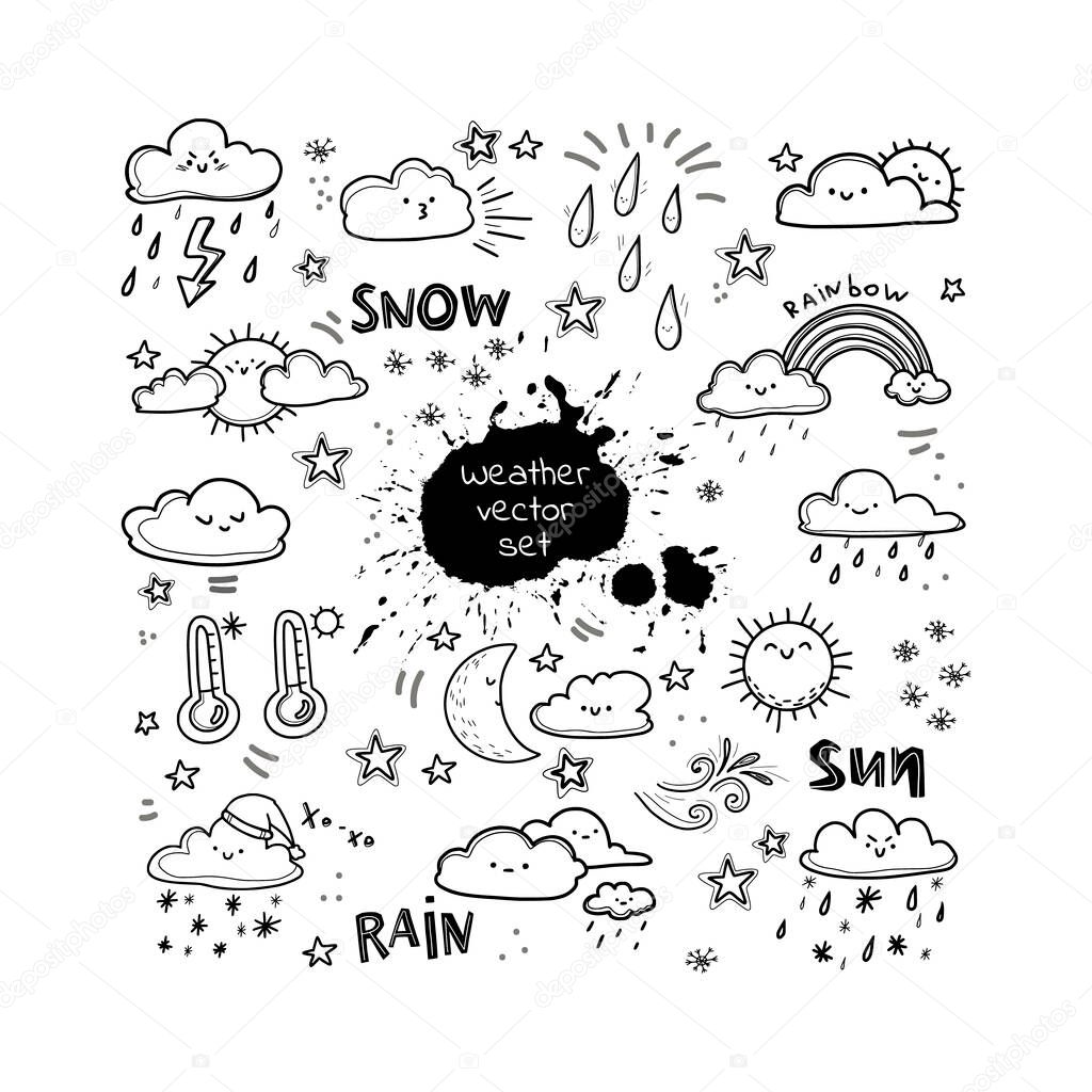 Cute set with weather emotions. Weather forecast. Clouds, sun, rain, wind, thunderstorm, rainbow. Linear doodle illustration. Vector sketch, isolated on white background.