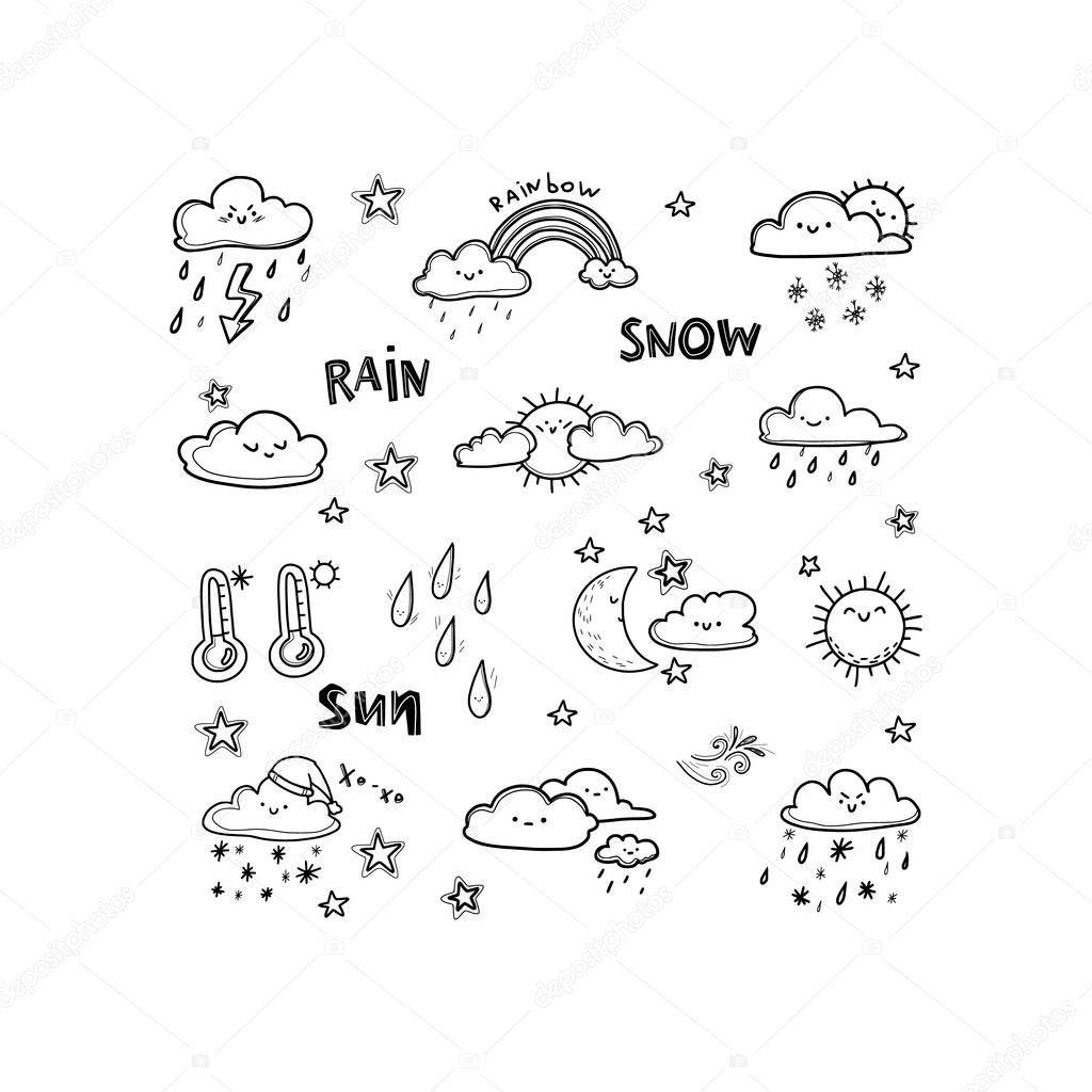 Cute set with weather emotions. Weather forecast. Clouds, sun, rain, wind, thunderstorm, rainbow. Linear doodle illustration. Vector sketch, isolated on white background.