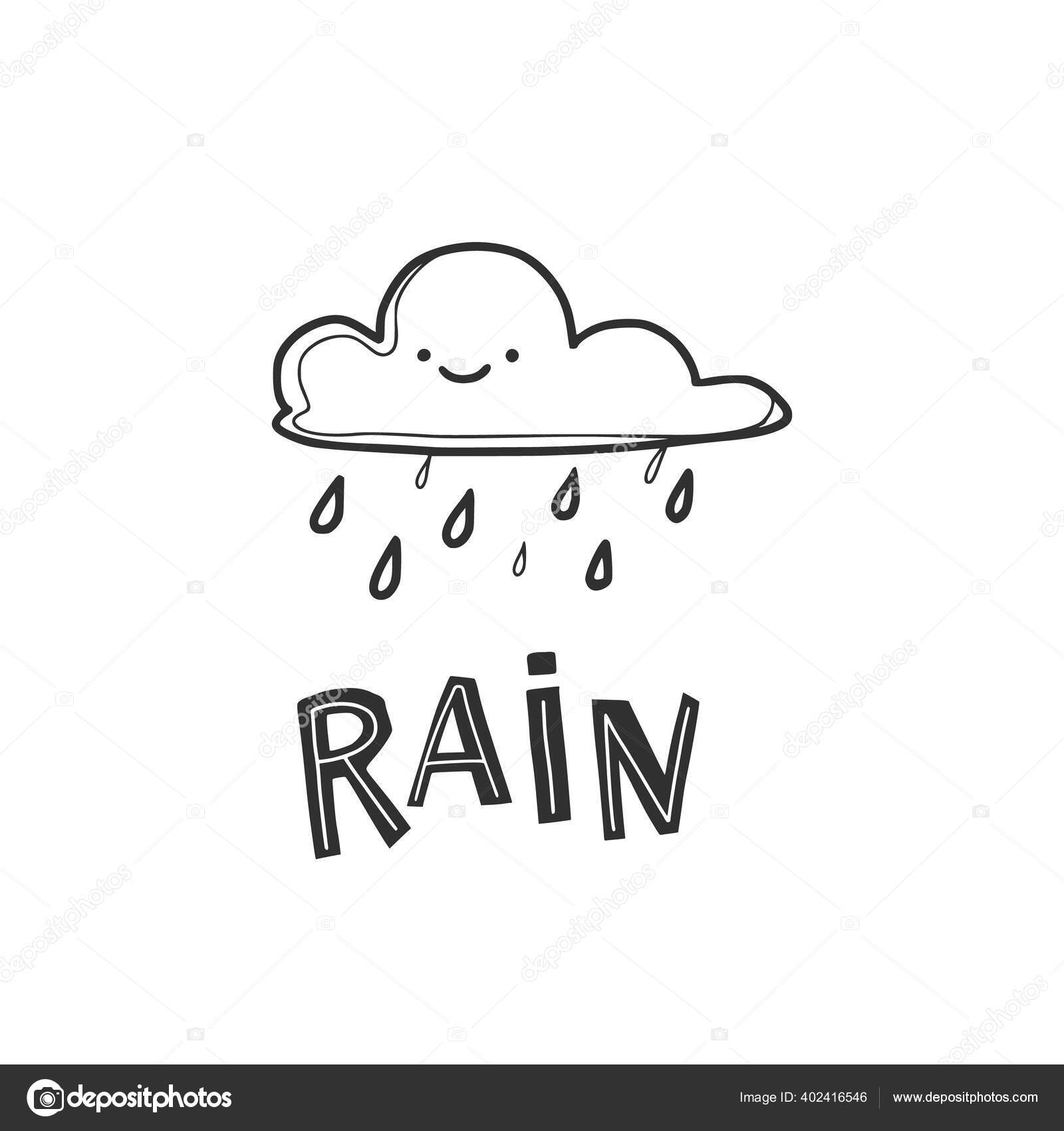 Dibujo Lineal Garabatos Una Nube Con Gotas Lluvia Letras Lluvia Vector de  stock #402416546 de ©Elena_Drozhzhina, image size:1600x1700