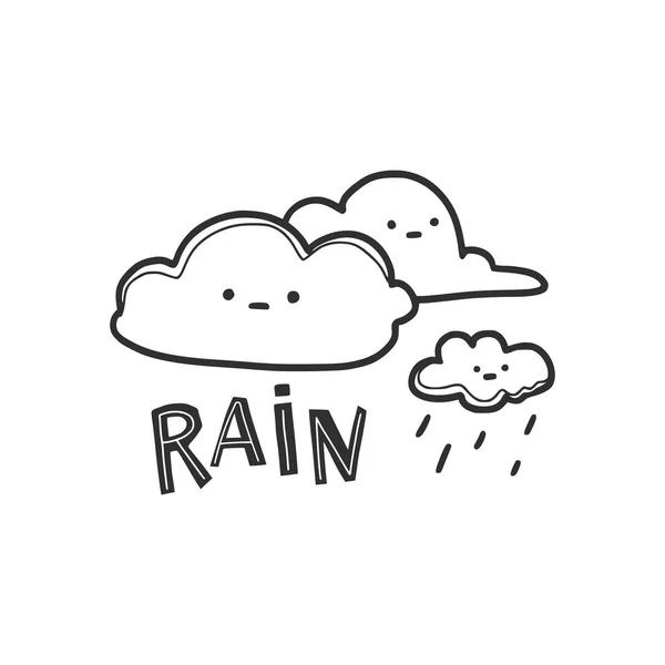 Lineaire Doodle Tekening Wolken Met Regendruppels Letteren Regen Schattig Kawaii — Stockvector