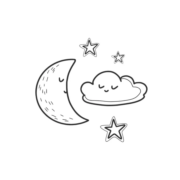 用云彩和星星勾画出月亮的线形涂鸦图 做恶梦可爱的卡瓦伊气象条件图像 气象莫吉图标 手绘矢量 孤立的白色背景 — 图库矢量图片