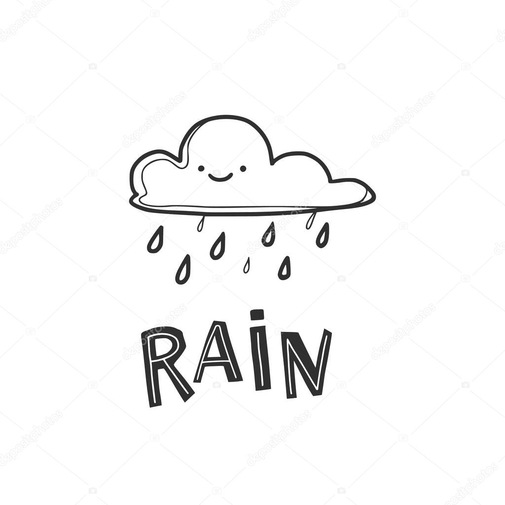 Linear doodle drawing of a cloud with raindrops. Lettering - 