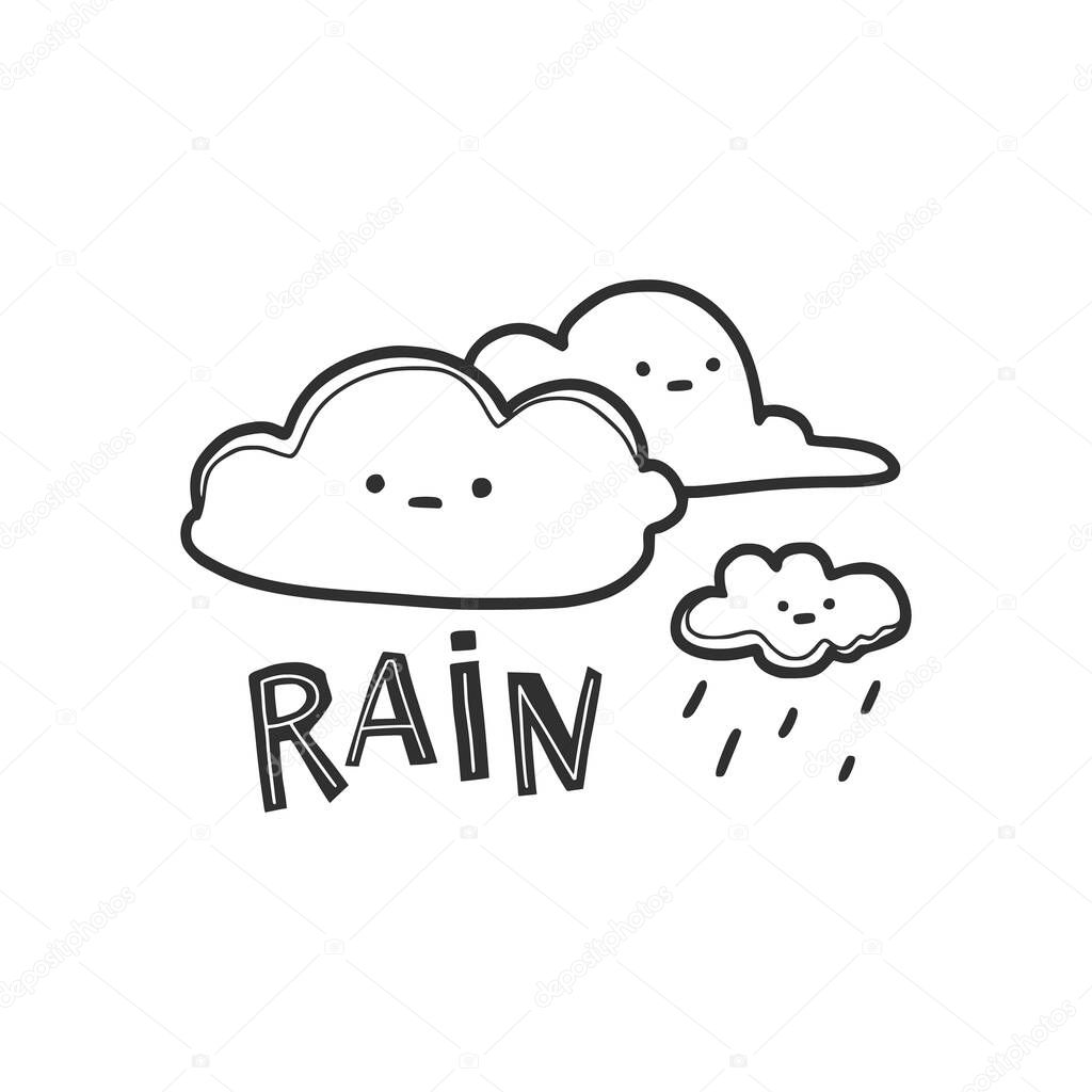 Linear doodle drawing 3 clouds with raindrops. Lettering - 