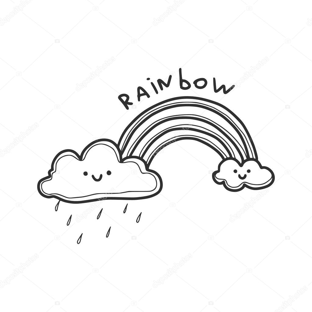 Linear doodle drawing of clouds and rainbow. Lettering is 