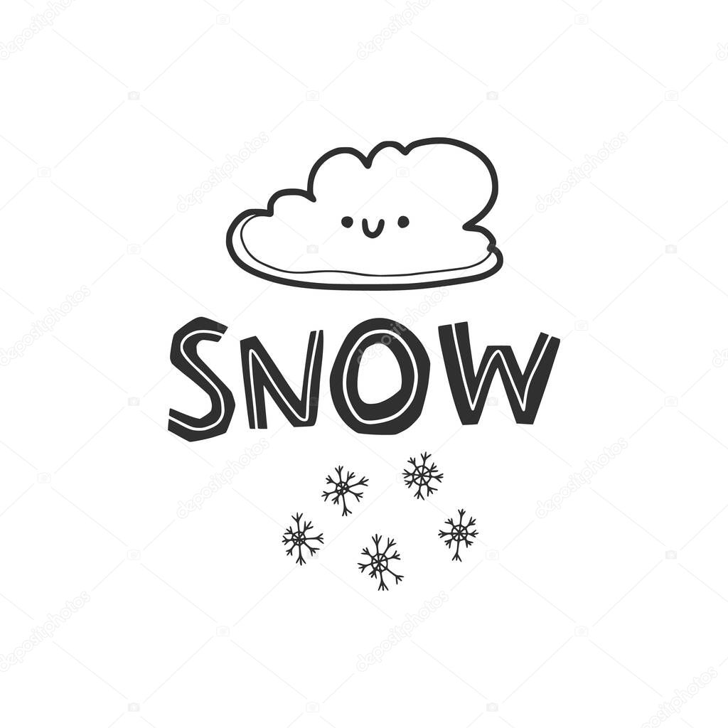 Linear doodle drawing of a cloud with snowflakes. Lettering- 