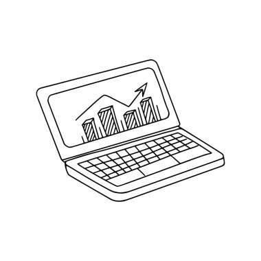 Doğrusal karalama simgesi - defter. Kablosuz bilgisayar. Ofiste ve evde çalış, serbest çalış. El çizimi doğrusal illüstrasyon. Beyaz arkaplanda vektör