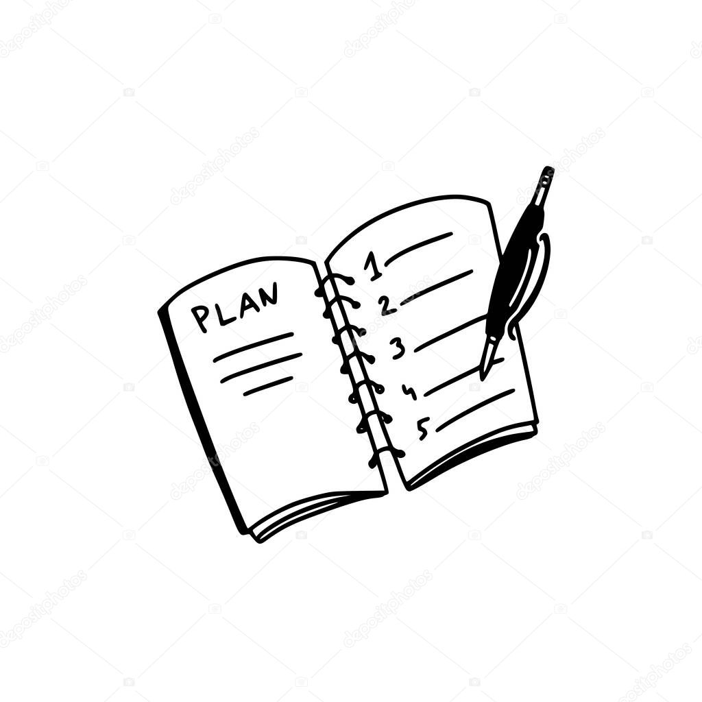 Linear doodle icon - spring planner and pen. List of tasks, tasks for the day. Time planning. Hand drawn linear illustration. Vector.