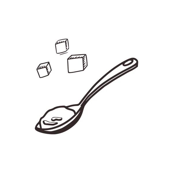Линейный Эскиз Ложки Сахара Кубиков Стиле Doodle Концепция Приготовления Пищи — стоковый вектор