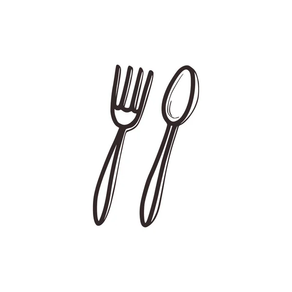 Linear Sketch Fork Spoon Doodle Style Cooking Concept Isolated White — Stock Vector