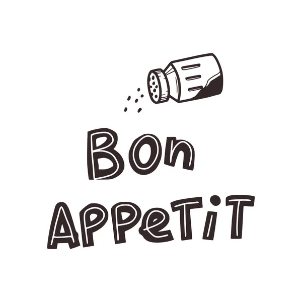 Croquis Linéaire Une Salière Gribouillée Inscription Bon Appétit Concept Cuisine — Image vectorielle