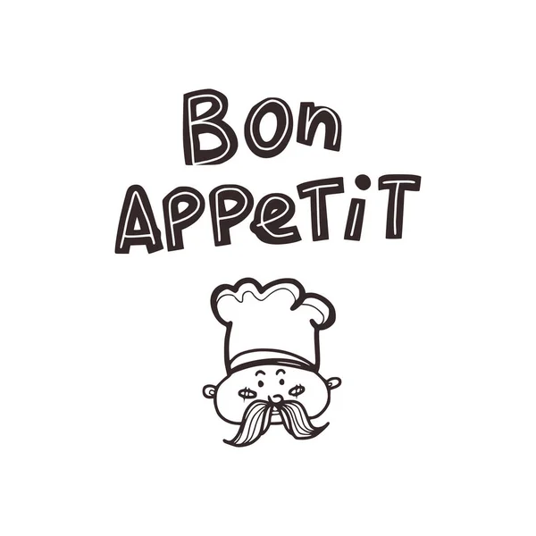 Croquis Linéaire Icône Chef Dans Casquette Inscription Bon Arretit Style — Image vectorielle