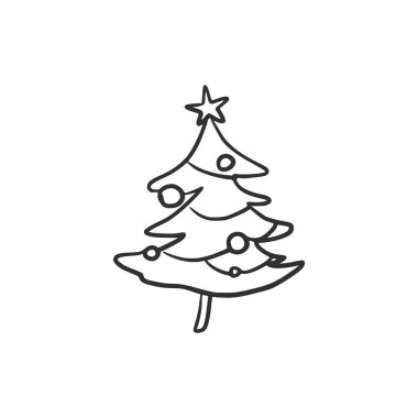 Süslü Noel ağacı. Doodle tarzı. Beyaz arkaplana vektör çizimi. Siyah çizgilerle çizilmiş. Kartpostallar, takvimler, davetiyeler için.