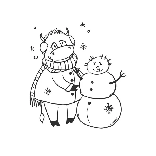 Der Weihnachtsbulle Formt Einen Schneemann Die Kuh Ist Das Maskottchen — Stockvektor