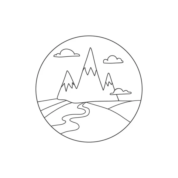 Lineáris Kép Hegyekről Egy Körben Három Kőhegy Felhők Ösvény Doodle — Stock Vector