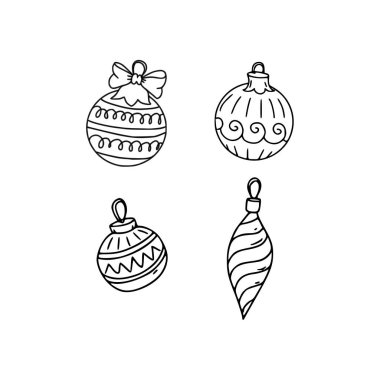 Ağaç için dört Noel süsü. Çeşitli şekillerde. Şenlikli kış konsepti. Doodle tarzı. İzole edilmiş arkaplanda vektör illüstrasyonu. Kumaş, kartpostallar ve internet üzerine baskı yapmak için..