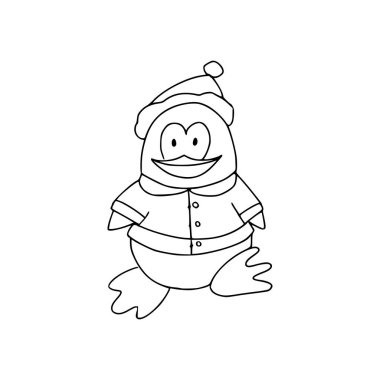 Noel Baba kılığındaki sevimli penguen. Şenlikli kış konsepti. Doodle tarzı. İzole edilmiş arkaplanda vektör illüstrasyonu. Kumaş, kartpostallar ve internet üzerine baskı yapmak için..