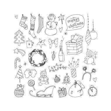 Bir dizi Noel eşyası ve karakteri. Noel ağacı, oyuncaklar, hediyeler. Şenlikli kış konsepti. Doodle tarzı. İzole edilmiş arkaplanda vektör illüstrasyonu. Kumaş, kartpostallar ve internet üzerine baskı yapmak için..