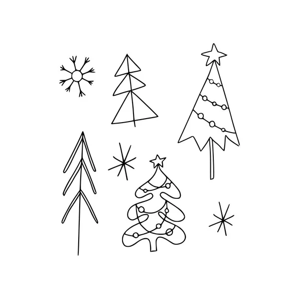 Weihnachtsset Aus Einfachen Weihnachtsbäumen Aus Dreiecken Stäben Und Kreisen Festliches — Stockvektor