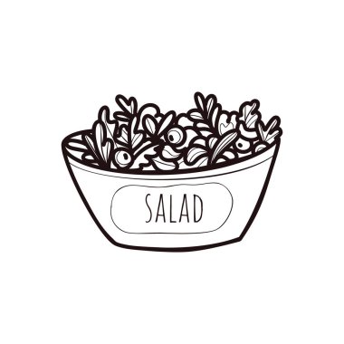 Büyük bir kase sebze salatası. Sağlıklı yiyecekler. Doğrusal karalama stili. Kilo kaybı ve beslenme konsepti. Tüm elementler beyaz arka planda izole edilmiştir. Vektör. Yazdırma ve ağ için.