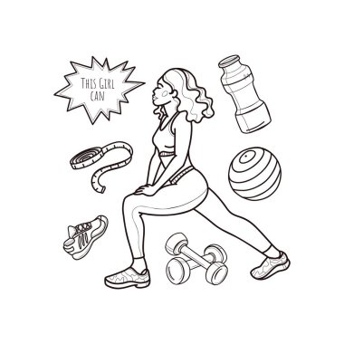 Kız spora gidiyor. Antrenman için çevirici. Spor ayakkabıları, halterler, top. Zayıflama ve sağlıklı yaşam tarzı konsepti. Tüm elementler beyaz arka planda izole edilmiştir. Vektör. Yazdırma ve ağ için.
