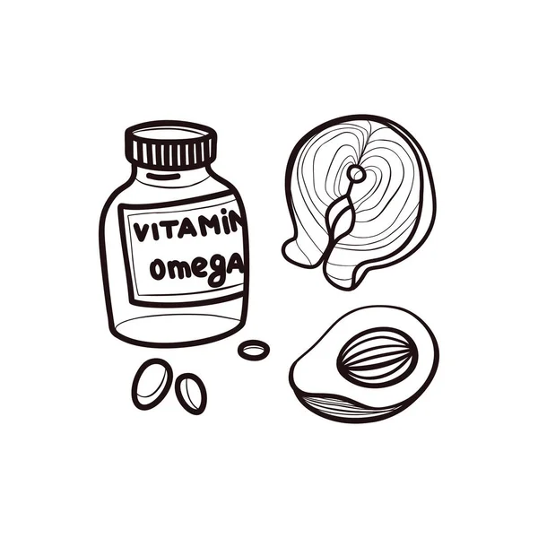 Omega 3号食品补充剂 瓶子和胶囊 鲑鱼牛排和鳄梨 健康脂肪 线性涂鸦风格 减重和营养概念 所有元素都在白色背景上被隔离 — 图库矢量图片