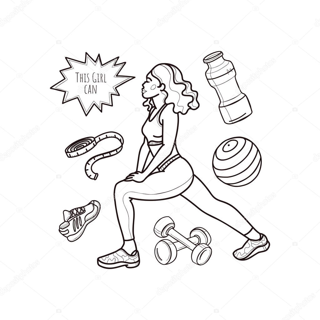 The girl goes in for sports. Inverter for training. Sneakers, dumbbells, ball. Slimming and healthy lifestyle concept. All elements are isolated on a white background. Vector. For print and web.