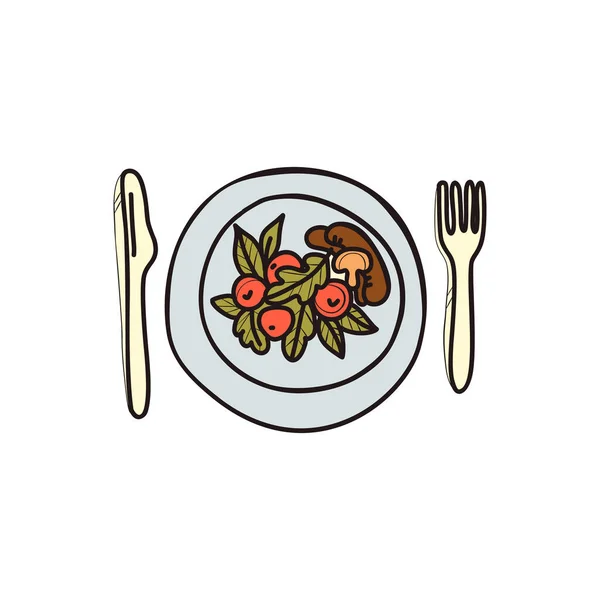 Healthy Food Plate Knife Fork Vegetable Salad Meat Linear Doodle — Stock Vector