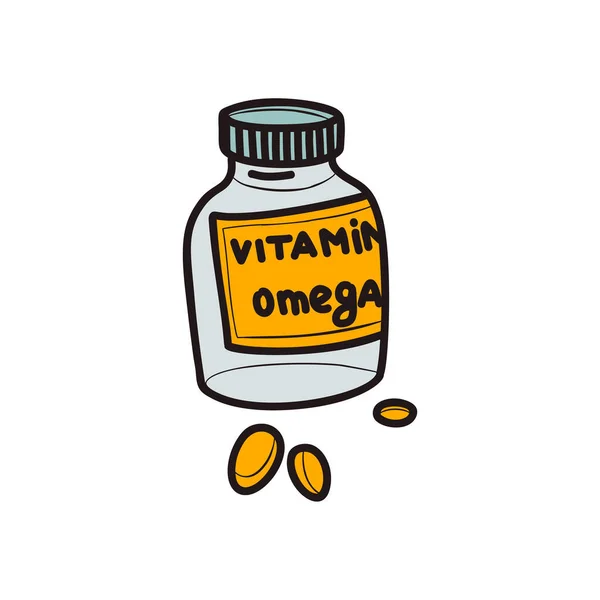 Omega 3号食品补充剂 瓶子和胶囊 健康脂肪 彩色线型涂鸦 减重和营养概念 所有元素都在白色背景上被隔离 — 图库矢量图片