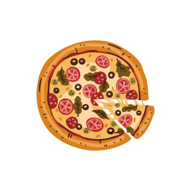 Salamlı, domatesli ve mantarlı büyük yuvarlak pizza. Çizgi film tarzında geleneksel İtalyan hızlı ayağı. Beyaz arka planda izole edilmiş. Broşür, poster ve web tasarımı için.