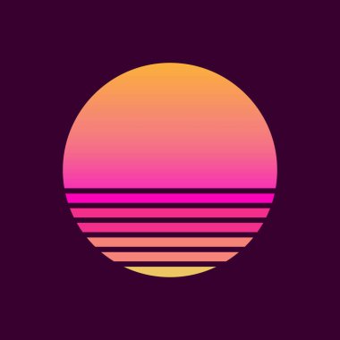 80 'li-90' lı yılların tarzında gün batımı. Güneşli bir eğimle soyut bir arkaplan. Mor ve sarı renkler. Logo, simgeler, pankartlar, baskılar için tasarım şablonu. İzole edilmiş koyu bir arka plan. Vektör