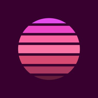 80 'li-90' lı yılların tarzında gün batımı. Güneşli bir eğimle soyut bir arkaplan. Mor renkler. Logo, simgeler, pankartlar, baskılar için tasarım şablonu. İzole edilmiş koyu bir arka plan. Vektör