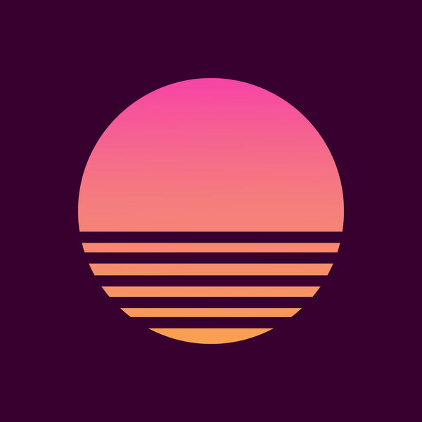 Retro sunset in the style of the 80s-90s. Abstract background with a sunny gradient. Purple and yellow colors. Design template for logo, icons, banners, prints. Isolated dark background. Vector