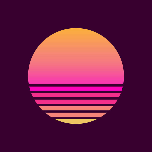 Retro sunset in the style of the 80s-90s. Abstract background with a sunny gradient. Purple and yellow colors. Design template for logo, icons, banners, prints. Isolated dark background. Vector