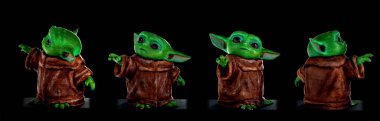 İzole edilmiş Usta Yoda siyah bir arka plan yakın plan üzerine üç boyutlu bir yazıcıya yazdırıldı. 3D baskı için konsept teknolojisi