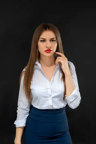 One Slim Brunette Girl Long Hair White Shirt Black Skirt — Stock Photo, Image