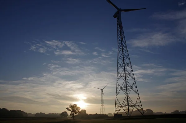 two windmills at sunrise in nature, a tree appears very small in size