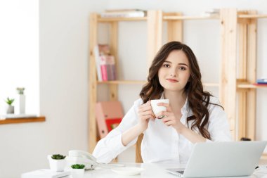 Kadın serbest meslek veya iş kadını Labtop modern ofiste çalışan kullanılır. İş ve teknoloji kavramı