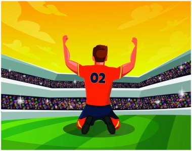 Vektör kavramı şampiyonu: arka futbol veya sahada kazanan hissederek dizlerinin futbolcu. Stadyum ile yaratıcı futbol tasarım