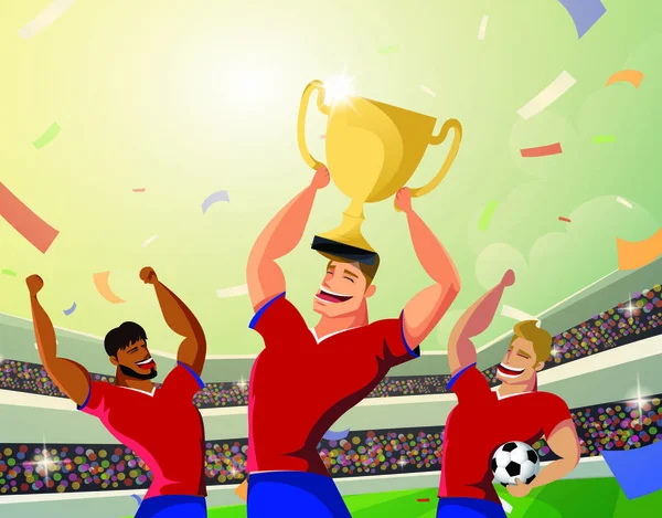 Jogador da equipe vencedora segurando bola de futebol e troféu Copa Campeão no estádio. Ilustração vetorial . — Vetor de Stock