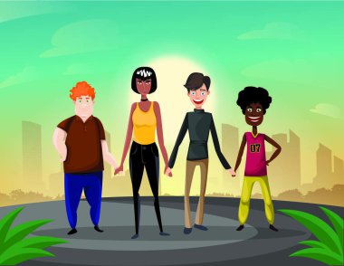 Şehir arka plan ile yürüyen dört mutlu çeşitli arkadaş grubu. Mutlu dostluk günü